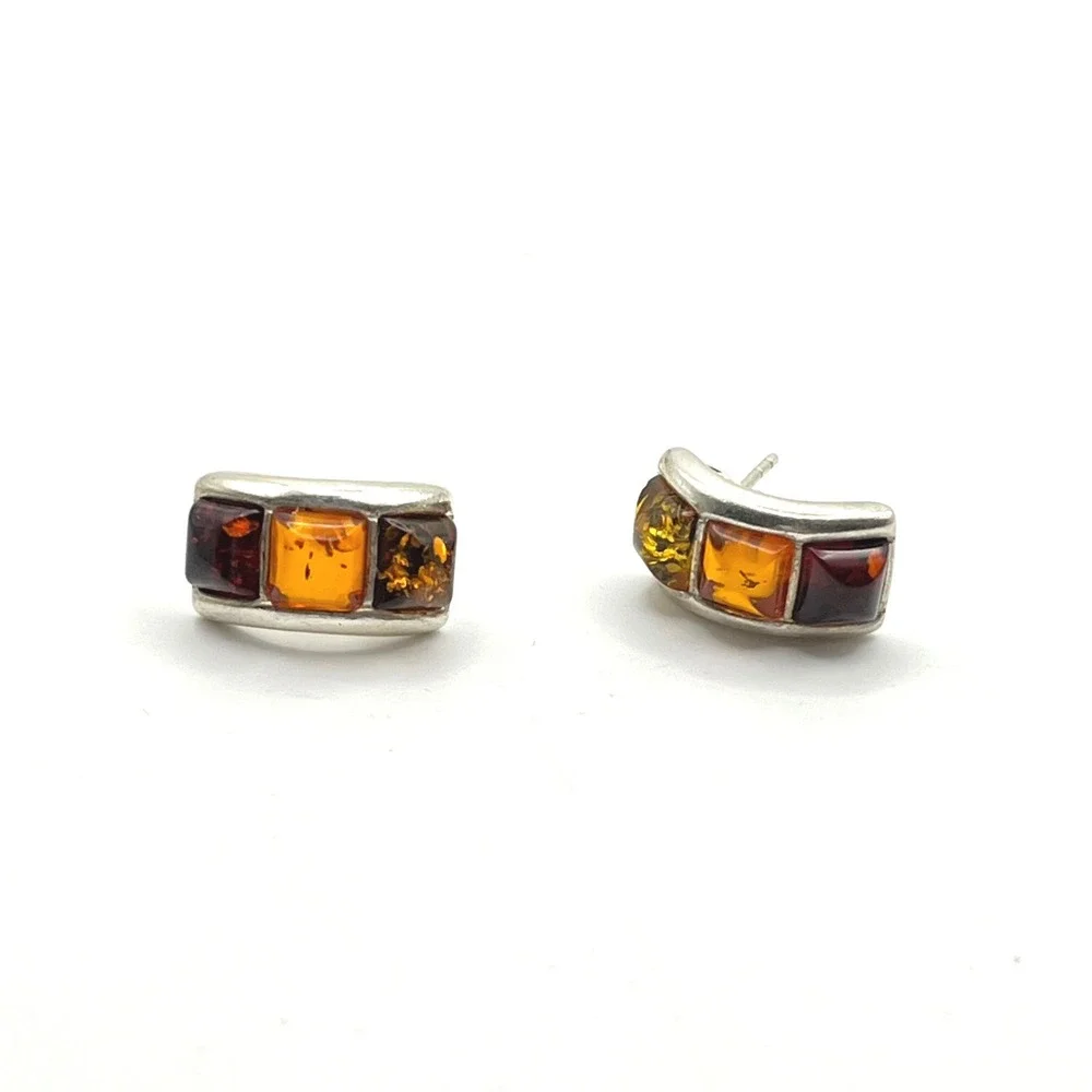Sterling Silver‎ Baltic Amber J-Hoop Post Earrings Made in Poland Multi Color